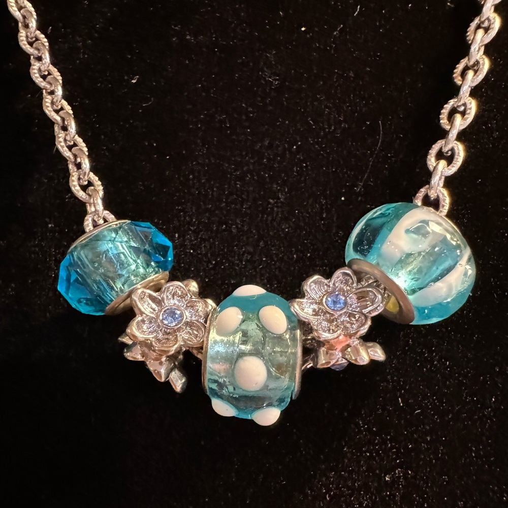 Pandora style quality CHARM NECKLACE 16in 5 charms lobster clasp.